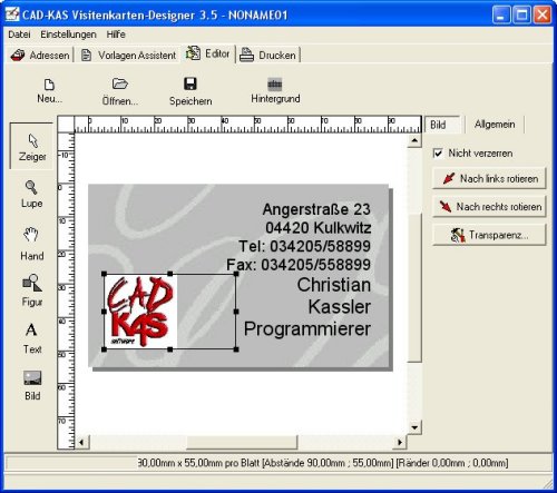 Bildschirmschnappschuß unserer Vistenkarten Software, dem Original von CAD-KAS